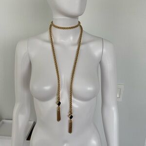 Vintage Gold Tone Chain Necklace Black Onyx Style Tassel